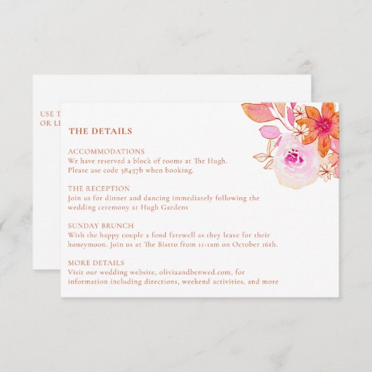 ボホシックピンクオレンジフローラ水彩色結婚の エンクロージャーカード (正面/裏面)