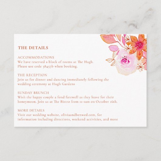 ボホシックピンクオレンジフローラ水彩色結婚の エンクロージャーカード (正面)