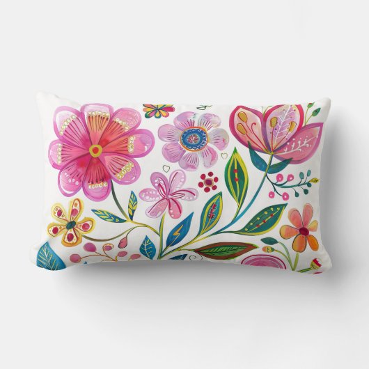 ボホシックピンクフラワー装飾用クッション ランバークッション (正面)