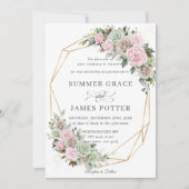 ボホシックピンクブラウンセージグリーンフローラ結婚金ゴールド 招待状 (正面)