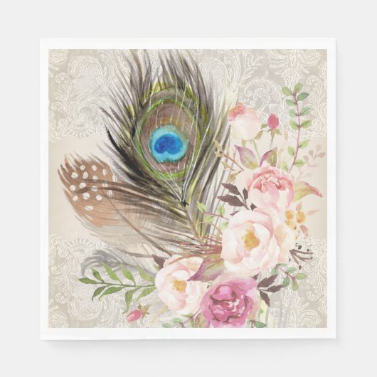 ボホシックピーコックフェザーとバラ紙ナプキン スタンダードランチョンナプキン (正面)