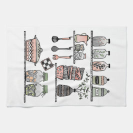 ボホシックファームハウスデコーラルピンクグリーン キッチンタオル