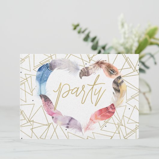 ボホシックフェザーハートバースデーパーティ招待状 招待状 (スタンド正面)