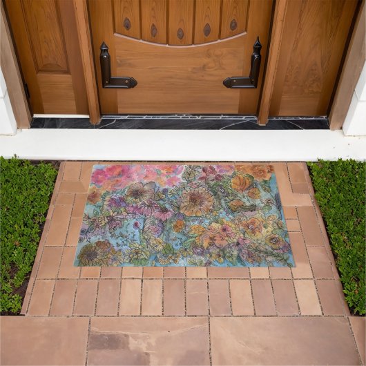 ボホシックフラワーガーデンウォーターカラー絵画ズ ドアマット (室外)