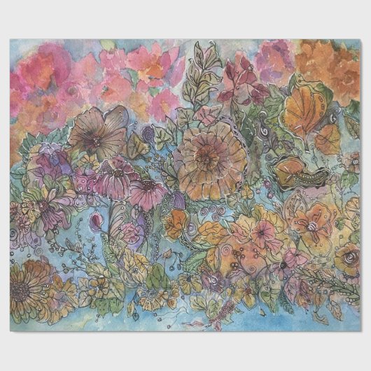 ボホシックフラワーガーデンウォーターカラー絵画ズ ラッピングペーパー (フラット)