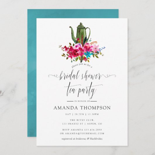 ボホシックフローラブライダルシャワーティーパーティー 招待状 (正面/裏面)