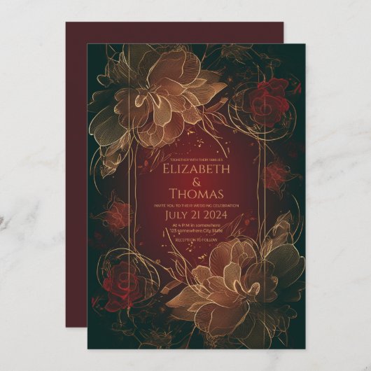 ボホシックフローラブルゴーニュと金ゴールドテーマ。 招待状 (正面/裏面)