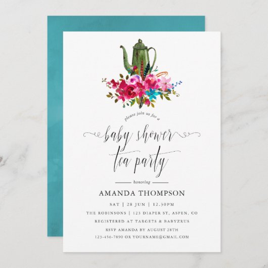 ボホシックフローラベビーシャワーティーパーティー 招待状 (正面/裏面)