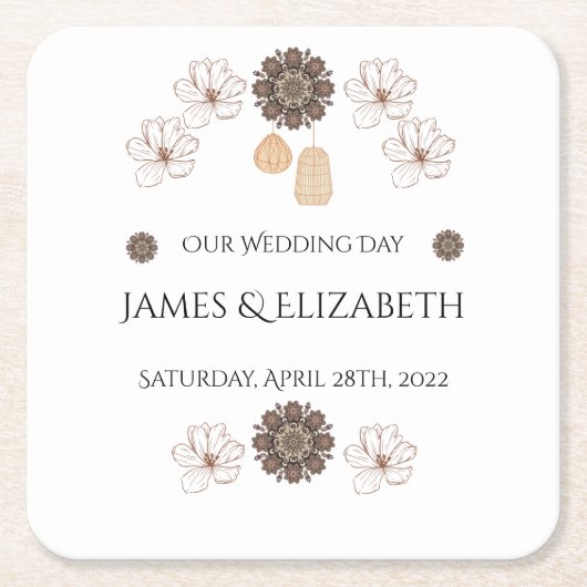 ボホシックフローラ結婚ズ スクエアペーパーコースター (正面)