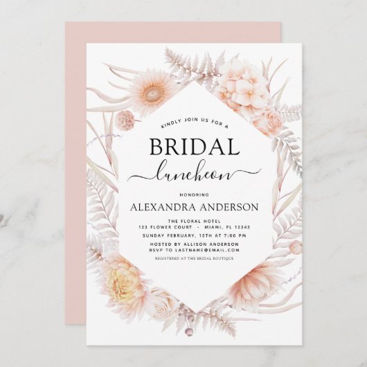 ボホシックブライダルシャワールンチョンダスティピンクデザート 招待状 (正面/裏面)