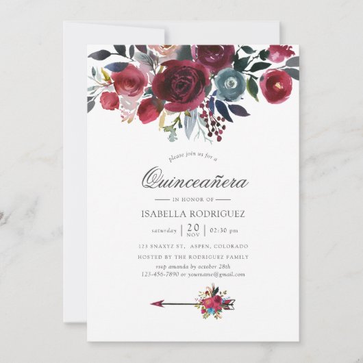 ボホシックブルガンディ&ネイビーフローラキンセアニラ 招待状 (正面)