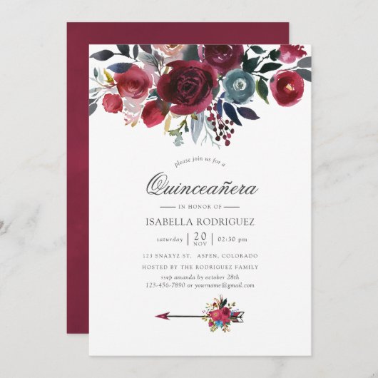 ボホシックブルガンディ&ネイビーフローラキンセアニラ 招待状 (正面/裏面)