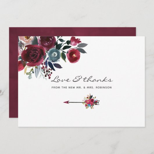 ボホシックブルゴーニュとネイビーフローラ結婚ズ サンキューカード (正面/裏面)