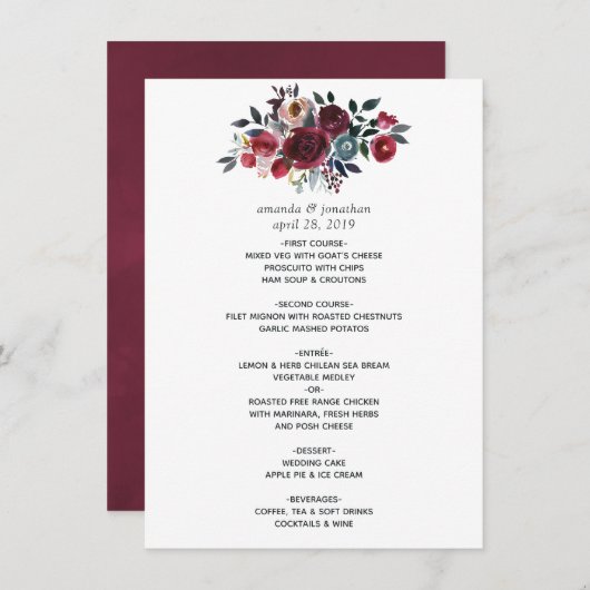 ボホシックブルゴーニュとネイビーフローラ結婚ズ メニュー (正面/裏面)