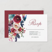 ボホシックブルゴーニュ&ネイビーオータム秋の結婚式 出欠カード (正面/裏面)