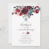 ボホシックブルゴーニュ&ネイビーフローラバルミツワー 招待状 (正面)