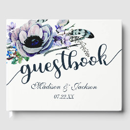 ボホシックミント&ネイビーフローラズ結婚モノグラム ゲストブック