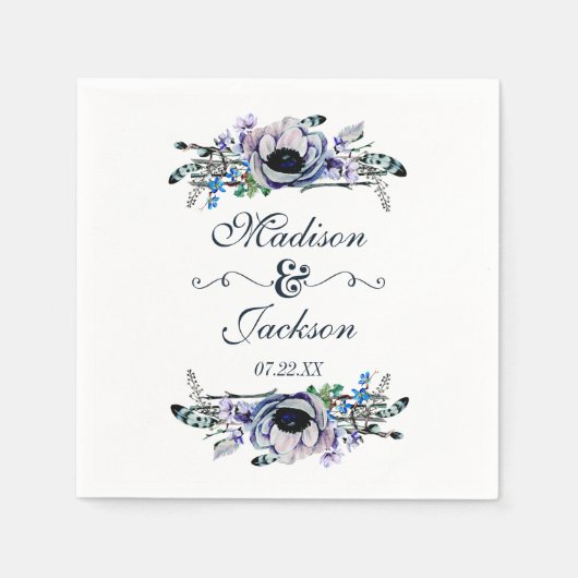 ボホシックミント&ネイビーフローラモノグラム結婚ズ スタンダードカクテルナプキン (正面)