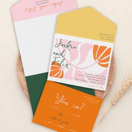 ボホシックレトロカラフルフローラ結婚式招待状 オールインワン招待状