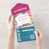 ボホシックレトロブライトカラフルフローラ結婚ズ オールインワン招待状 (貼ってはがせる)