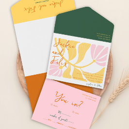 ボホシックレトロブライトカラフルフローラ結婚ズ オールインワン招待状