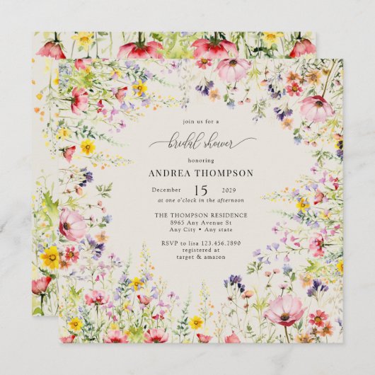 ボホシックワイルドフラワーブライダルシャワー 招待状 (正面/裏面)