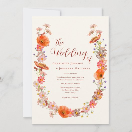 ボホシックワイルドフラワー秋の結婚式 招待状 (正面)