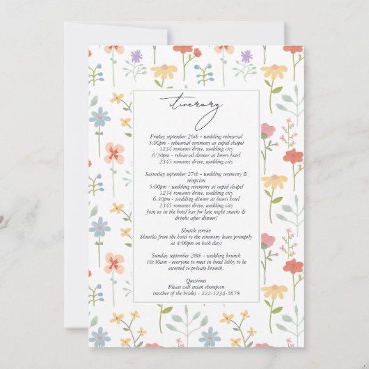 ボホシックワイルドフラワー結婚フローラの旅程 (裏面)