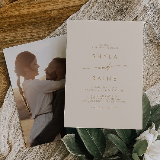 ボホシックヴィンテージカジュアル金ゴールド結婚写真 招待状