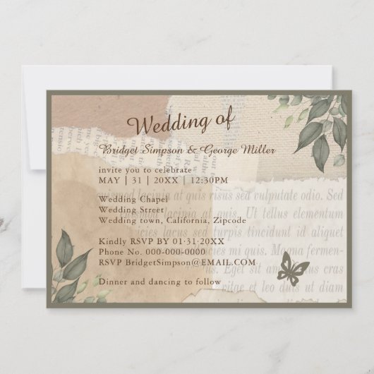 ボホシックヴィンテージ緑結婚草 招待状 (正面)