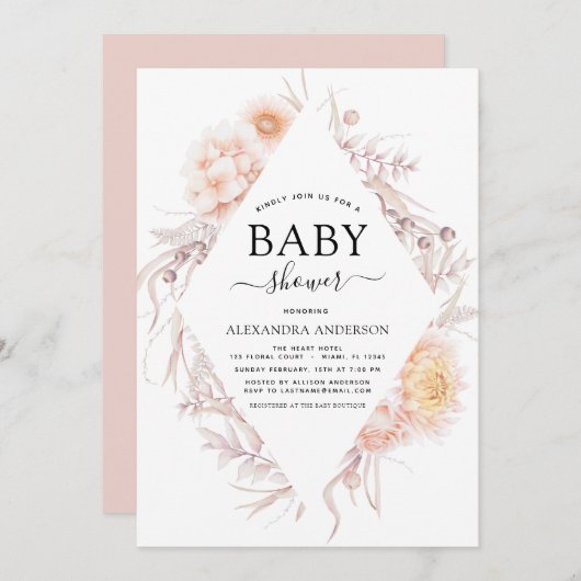 ボホシック埃っぽいピンクの砂漠の赤ちゃんシャワー 招待状 (正面/裏面)