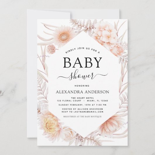 ボホシック埃っぽいピンクの砂漠の赤ちゃんシャワー 招待状 (正面)