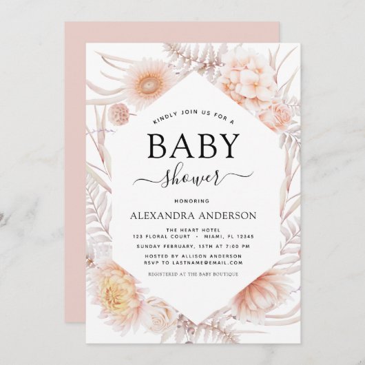 ボホシック埃っぽいピンクの砂漠の赤ちゃんシャワー 招待状 (正面/裏面)