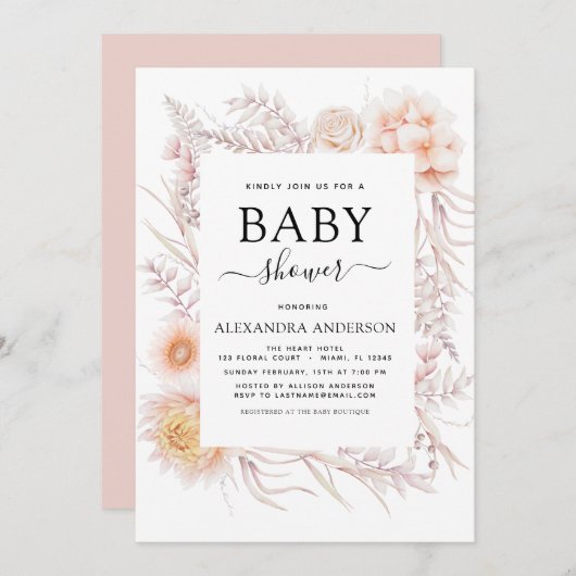 ボホシック埃っぽいピンク砂漠ベビーブシャワー招待状 招待状 (正面/裏面)