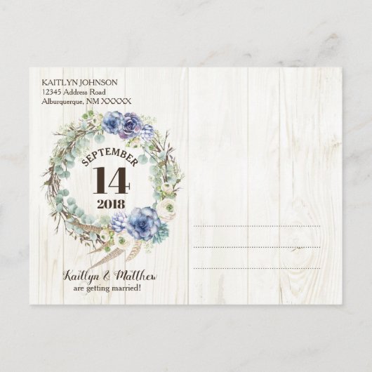 ボホシック多肉性ユーカリプトゥス日付を保存 案内ポストカード (裏面)