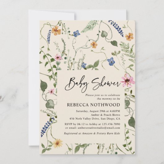 ボホシック小さなワイルドフラワーベージュボホベイビーシャワー 招待状 (正面)