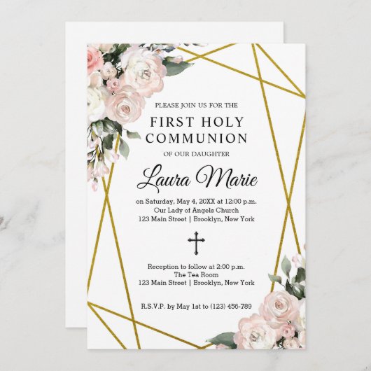 ボホシック幾何学花模様ファーストホーリーコミュニオン 招待状 (正面/裏面)