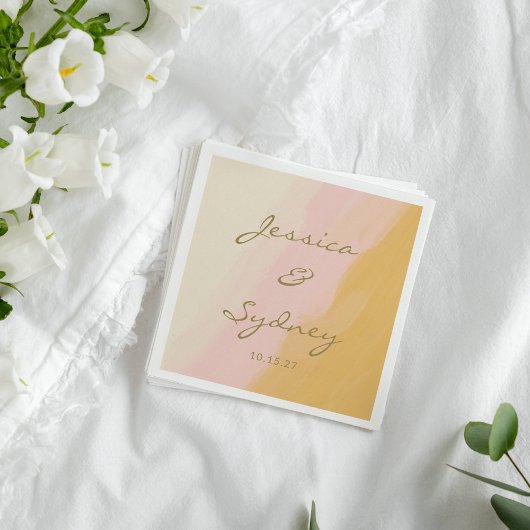 ボホシック抽象芸術ウォーターカラーピンクイエロー結婚ズ スタンダードカクテルナプキン