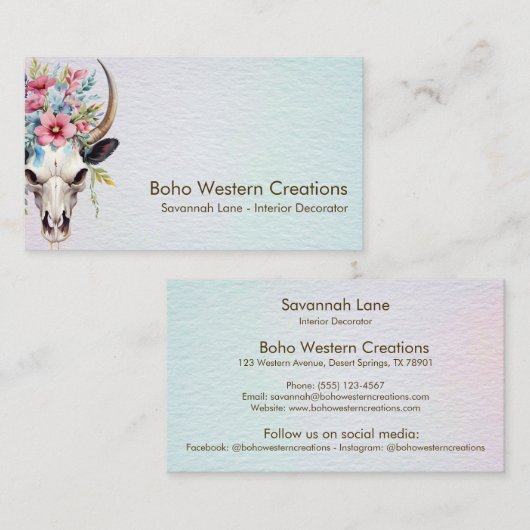 ボホシック水カラー数々のカラーフローラ牛スカル 名刺 (正面/裏面)