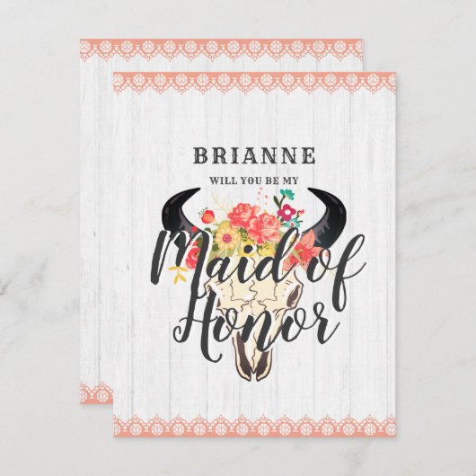 ボホシック牛スカルが私のメイド・オブ・オーナー(花嫁付き添い人) 招待状 (正面/裏面)