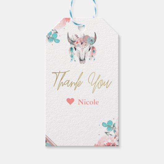 ボホシック牛スカルフローラ誕生日ボヘミアンパーティー ギフトタグ (正面)