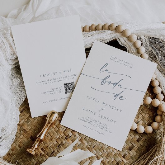 ボホシック石板ブルーQRコードスペインの結婚ズ 招待状