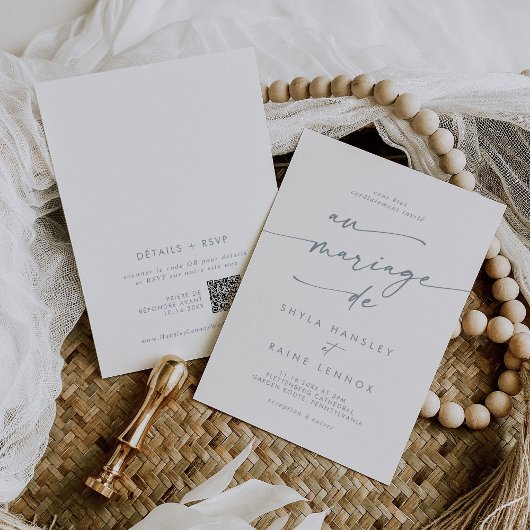 ボホシック石板ブルーQRコードフランスの結婚ズ 招待状