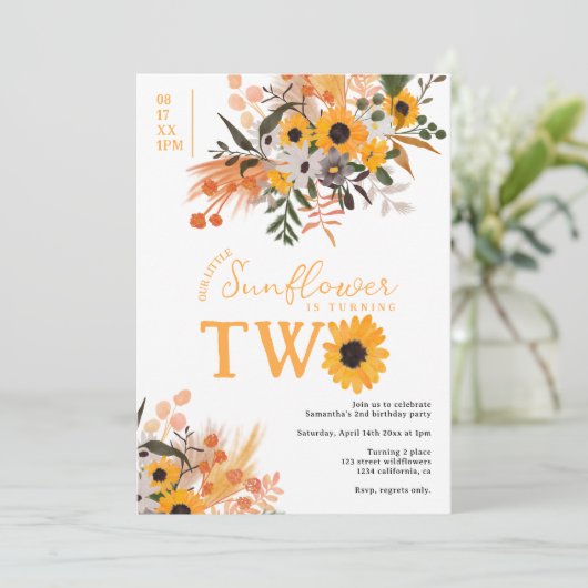 ボホシック素朴なオレンジ色のヒマワリ2歳の誕生日 招待状 (スタンド正面)