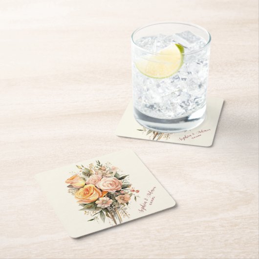 ボホシック素朴ピーチフローラトートバッグ スクエアペーパーコースター (インサイチュ)