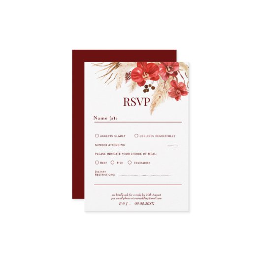 ボホシック赤オーキッド秋カスタムウェディング詳細 出欠カード (正面/裏面インサイチュ)