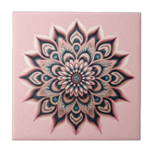 ボホシック赤面ピンクフラワーマンダラと暗いティール（緑がかった色）