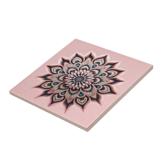 ボホシック赤面ピンクフラワーマンダラと暗いティール（緑がかった色） タイル (側面)