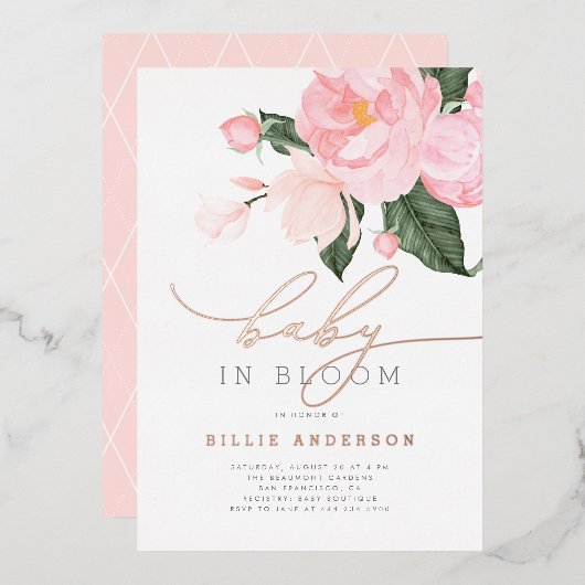 ボホシック赤面ピンクフローラベビーイン開花シャワー 箔招待状 (正面/裏面)