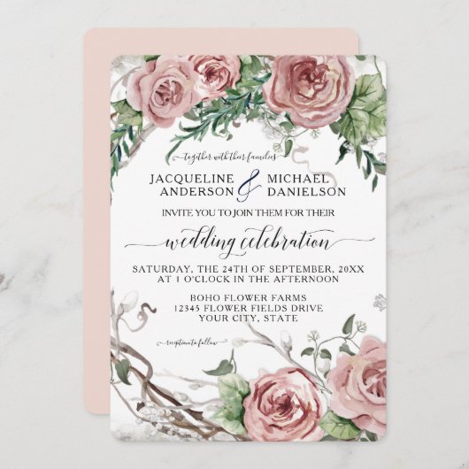 ボホシック赤面ピンクフローラ結婚リースズ 招待状 (正面/裏面)